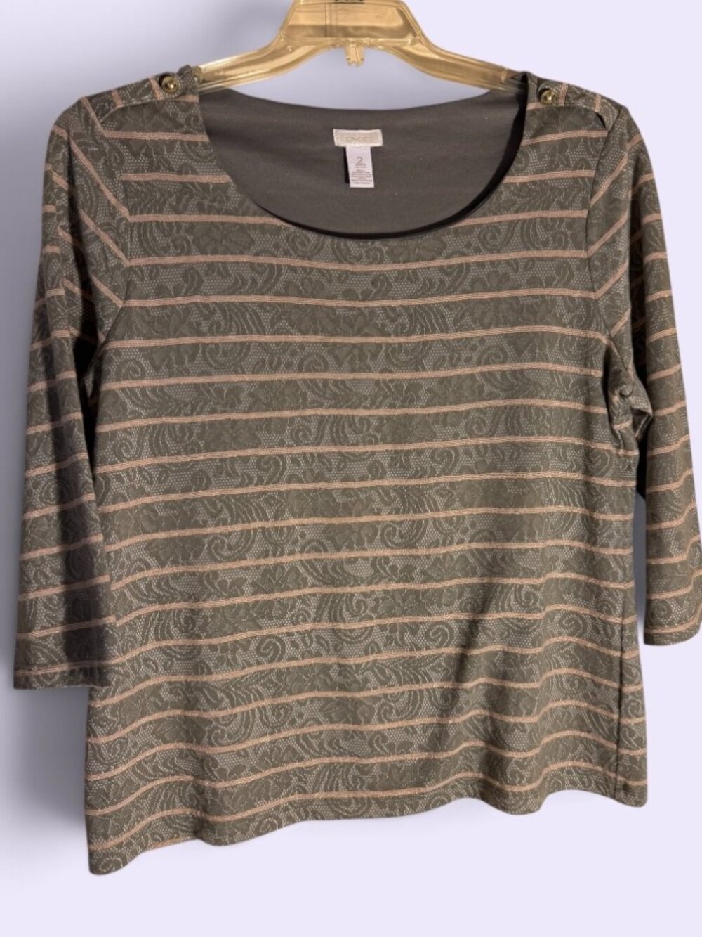 Chico's "Lani" Moss Green & Gold Paisley/Lace Top Sz L (2)